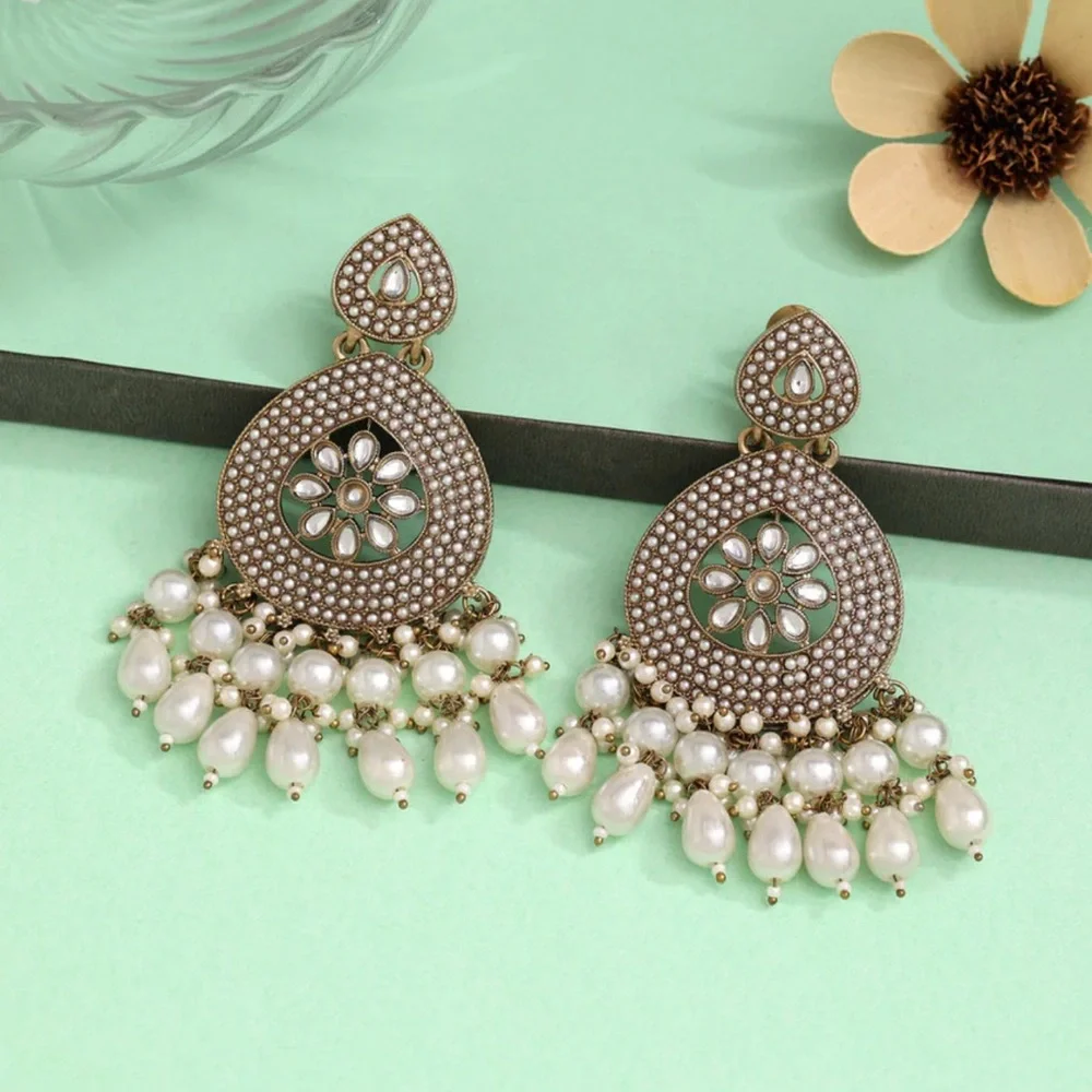 Gold-Tone Kundan Chandbali Earrings | Traditional Indian Pearl Drop Jewelry